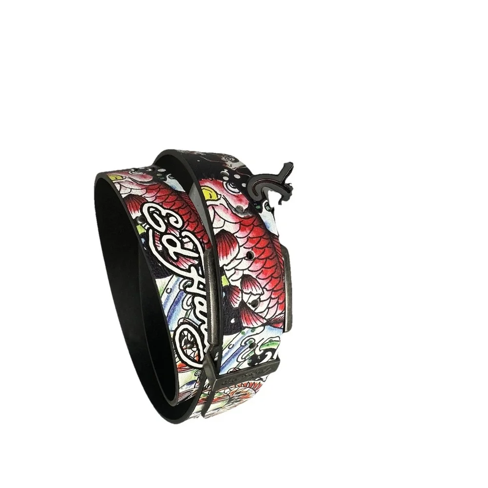 Ed‎ Hardy Men's Coy Fish Print Black Belt With Rivet Studs Size 42 New
